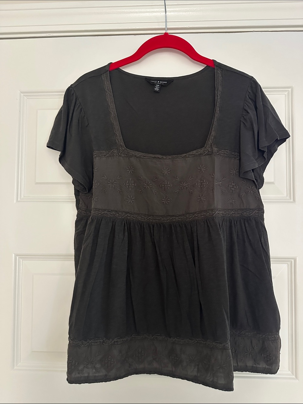 Lucky Brand Charcoal Embroidered Square-Neck Blouse